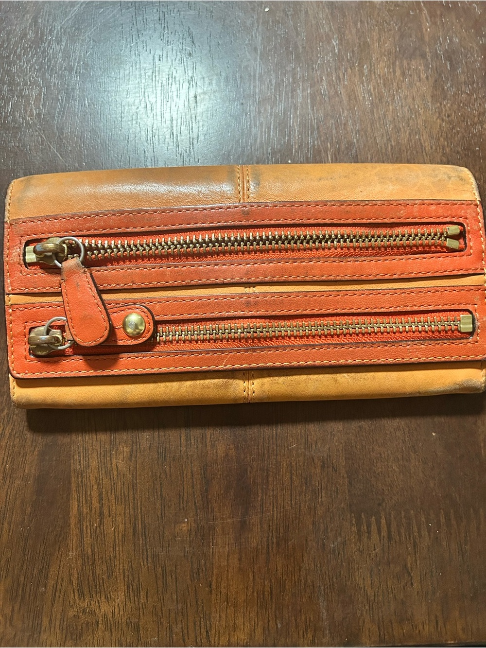 Coach Orange and Tan Leather Zip Wallet